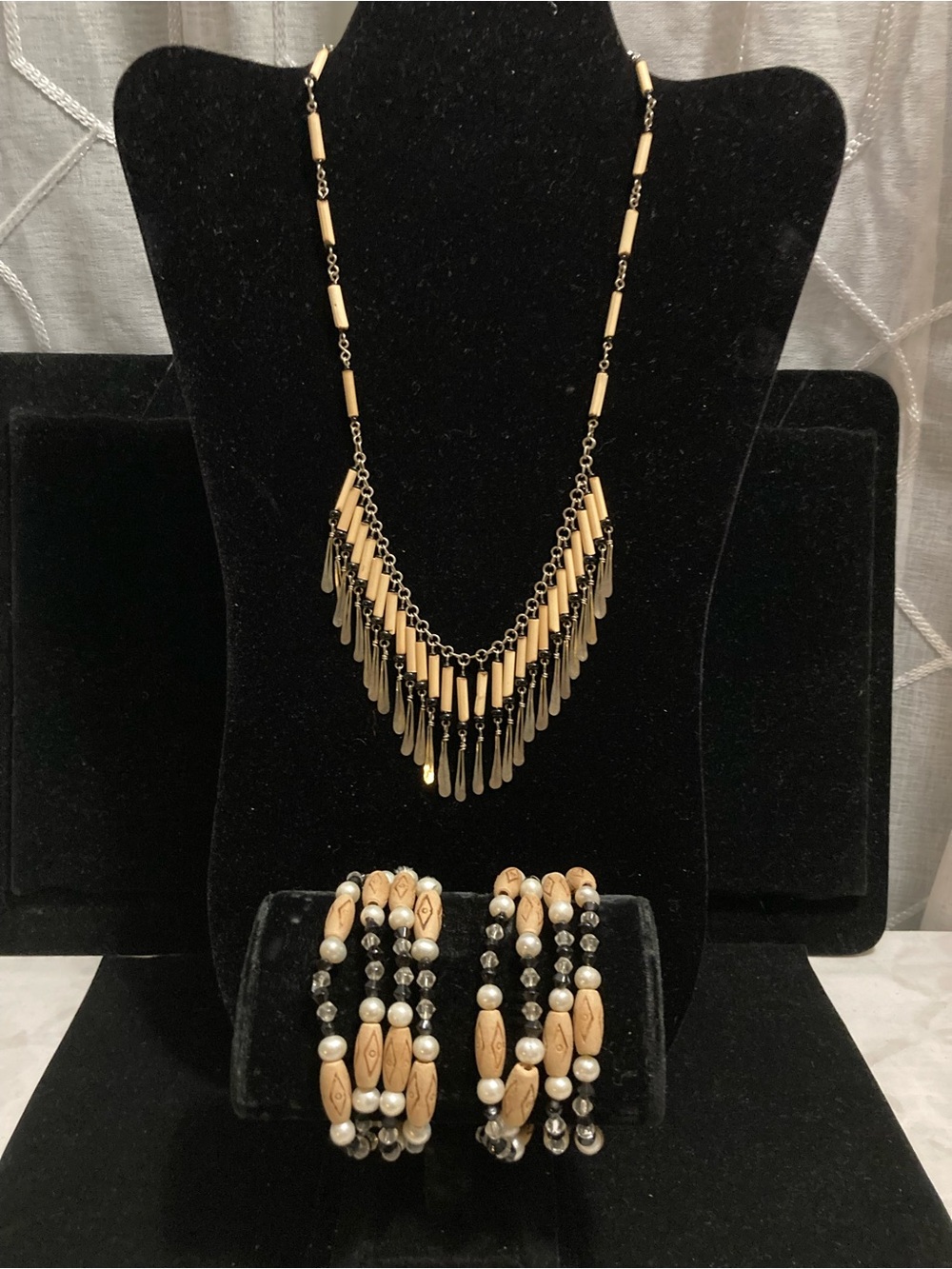 Beige and Gold Layered Fringe Necklace and Bracelet Set
